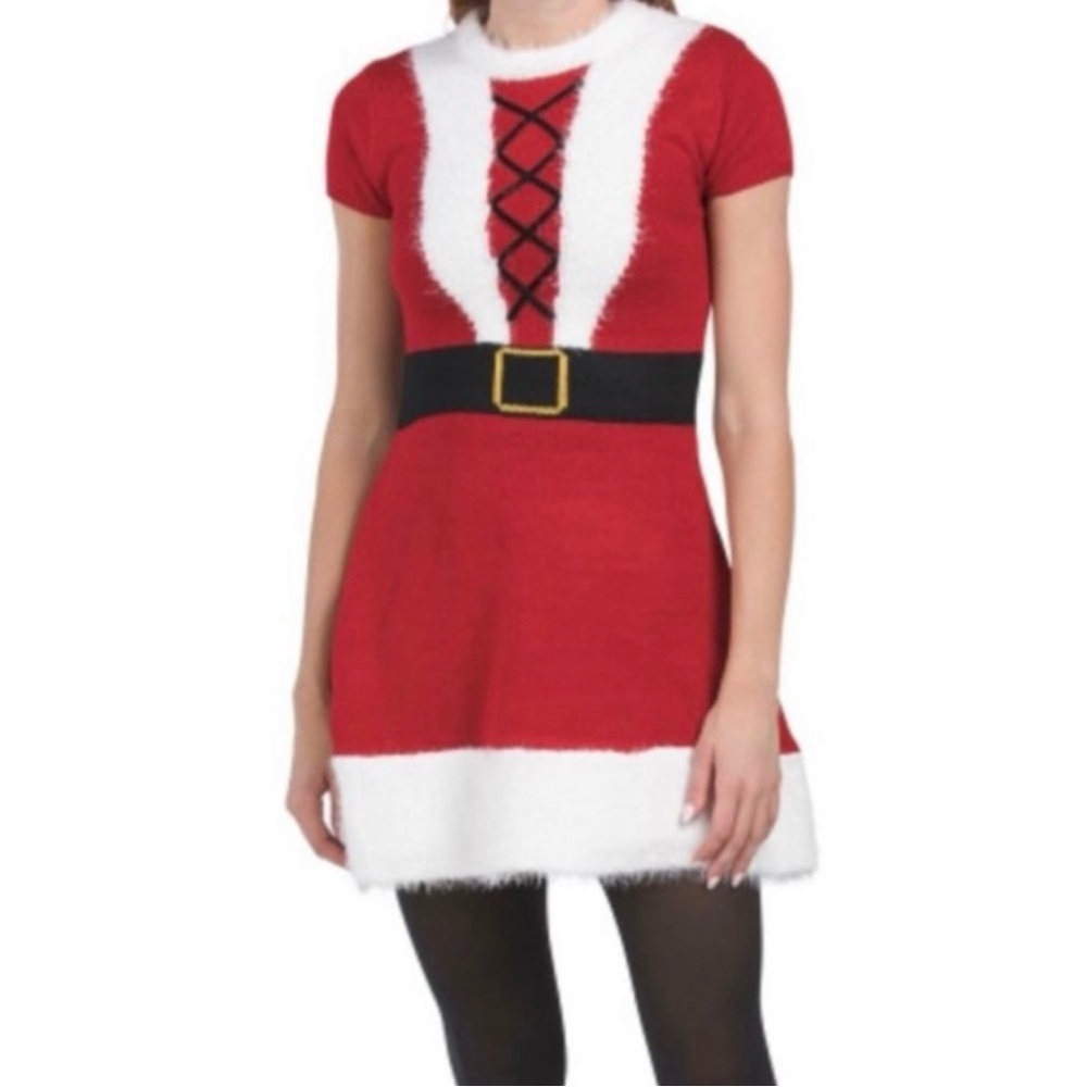 POOF Santa Themed Christmas Dress With Matching Hat Red White Size Medium